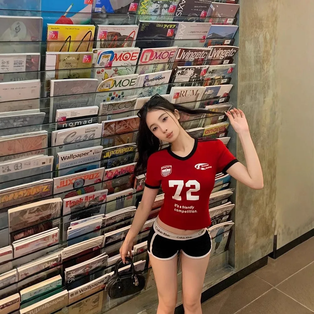 الرجعية الأمريكية إلكتروني طباعة كتلة اللون الخامس الرقبة قصيرة الأكمام تي شيرت المرأة الصيف مثير عالية الخصر نمط قصير جولة الرقبة أعلى #2