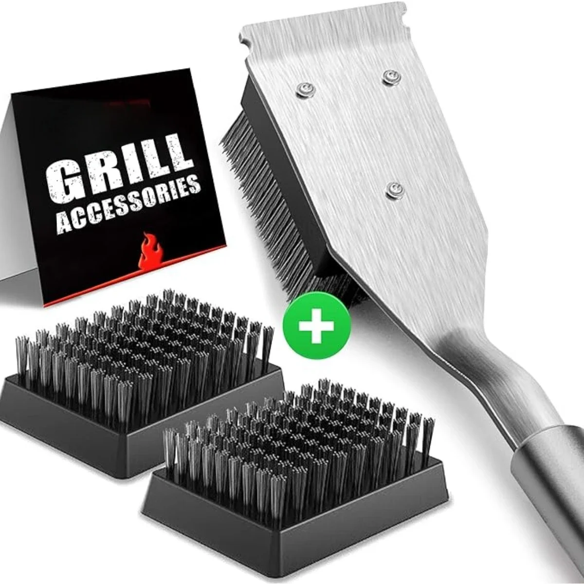 1pcs Grill Brush & 2pcs Brush Head Detachable Stainless Steel Outdoor Grill Cleaning Brush with Scraper Essential Accessories
