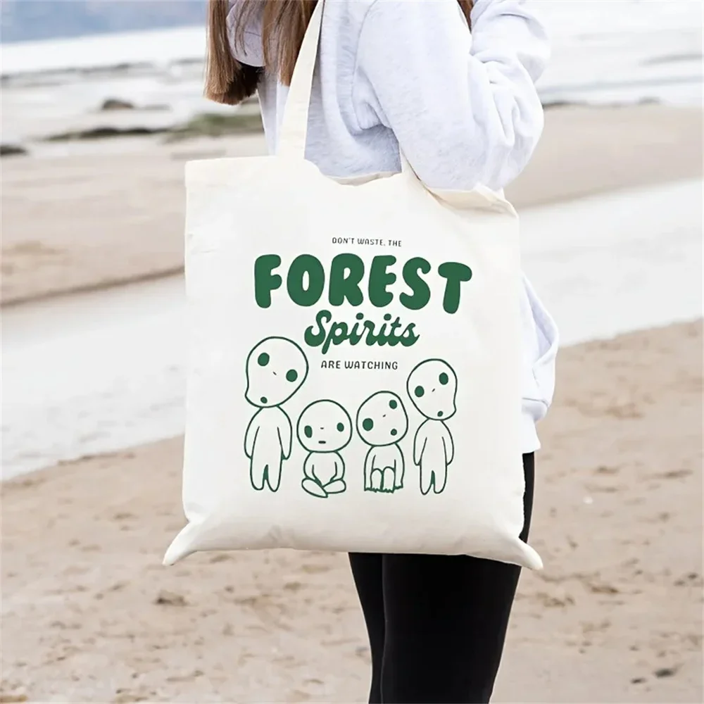 Eryu Forest Pattern Spirit totebag, Kawaii Birthday Canvas Shoulder Bag, Retro Anime Foldable Reusable Eco friendly Shopping Bag