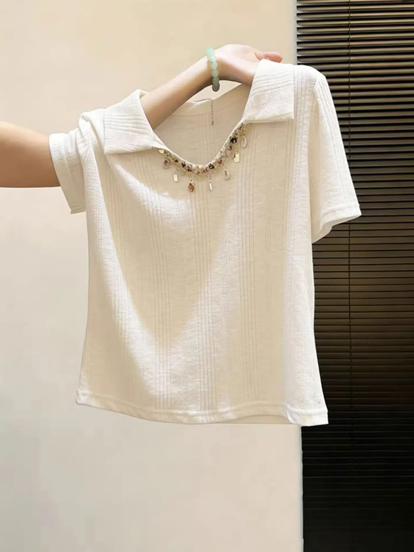 

Shiyilin Commuter Korean Style Straight Cut Short Sleeve T-Shirt Glitter Collar Versatile Fashionable Summer Top Women's Silk