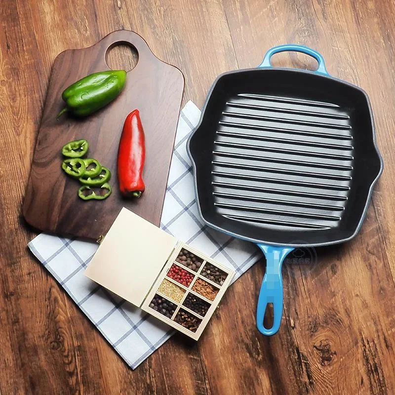 Multifunctional Enamel Cast Iron Square Steak Frying Pan Flat Bottom Pancake Pan Kitchen Supplies for Delicious Breakfasts