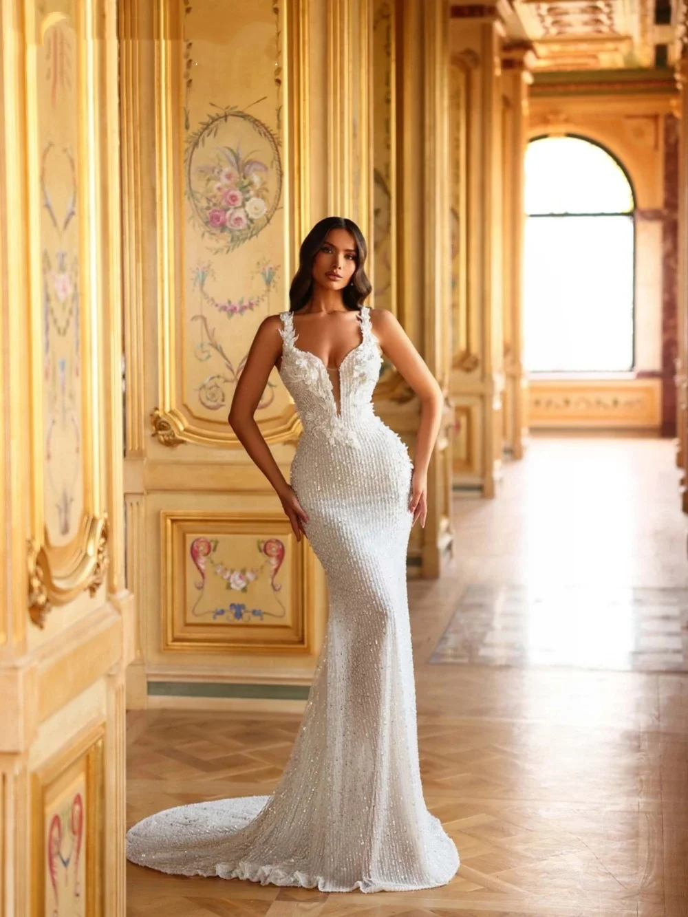 Elegant Wedding Dresses Spaghetti Straps Bridal Gowns Sequins Sleeveless 3D Flowers Mermaid Customized Vestidos De Novia