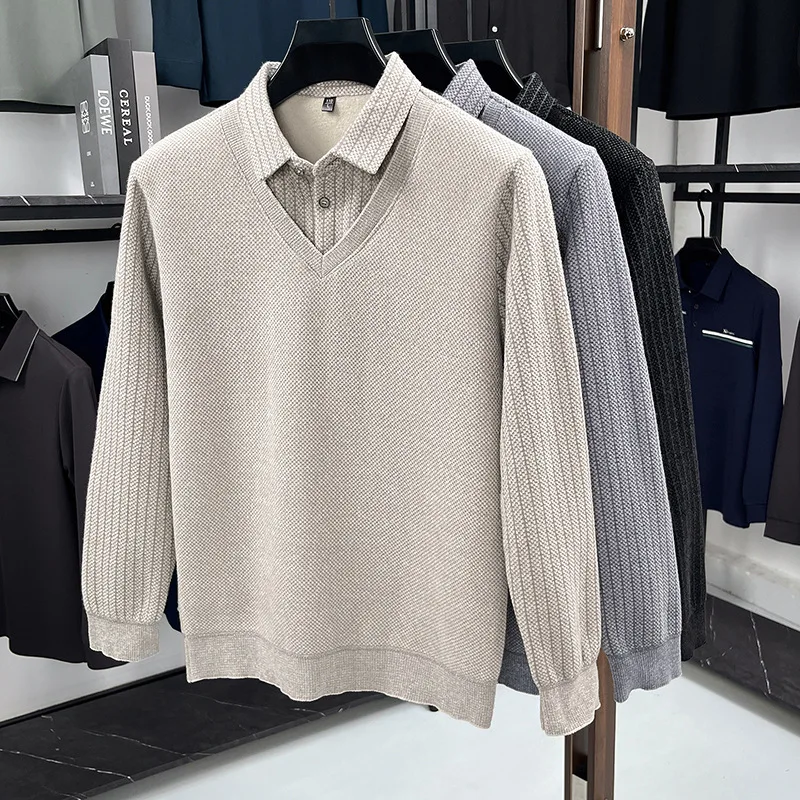 

Lapel Fleece Thickened Sweater Men's Autumn and Winter Business Leisure Fake Shirt Collar Knitted Striped Inner Bottoming Shirt