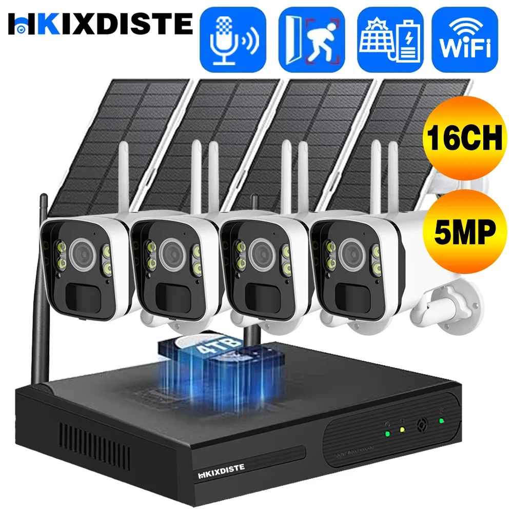 

16CH 5MP NVR Wireless Solar Panel Battery WIFI Camera WiFi NVR Video Surveillance Security System Kit With PIR Detection Monitor