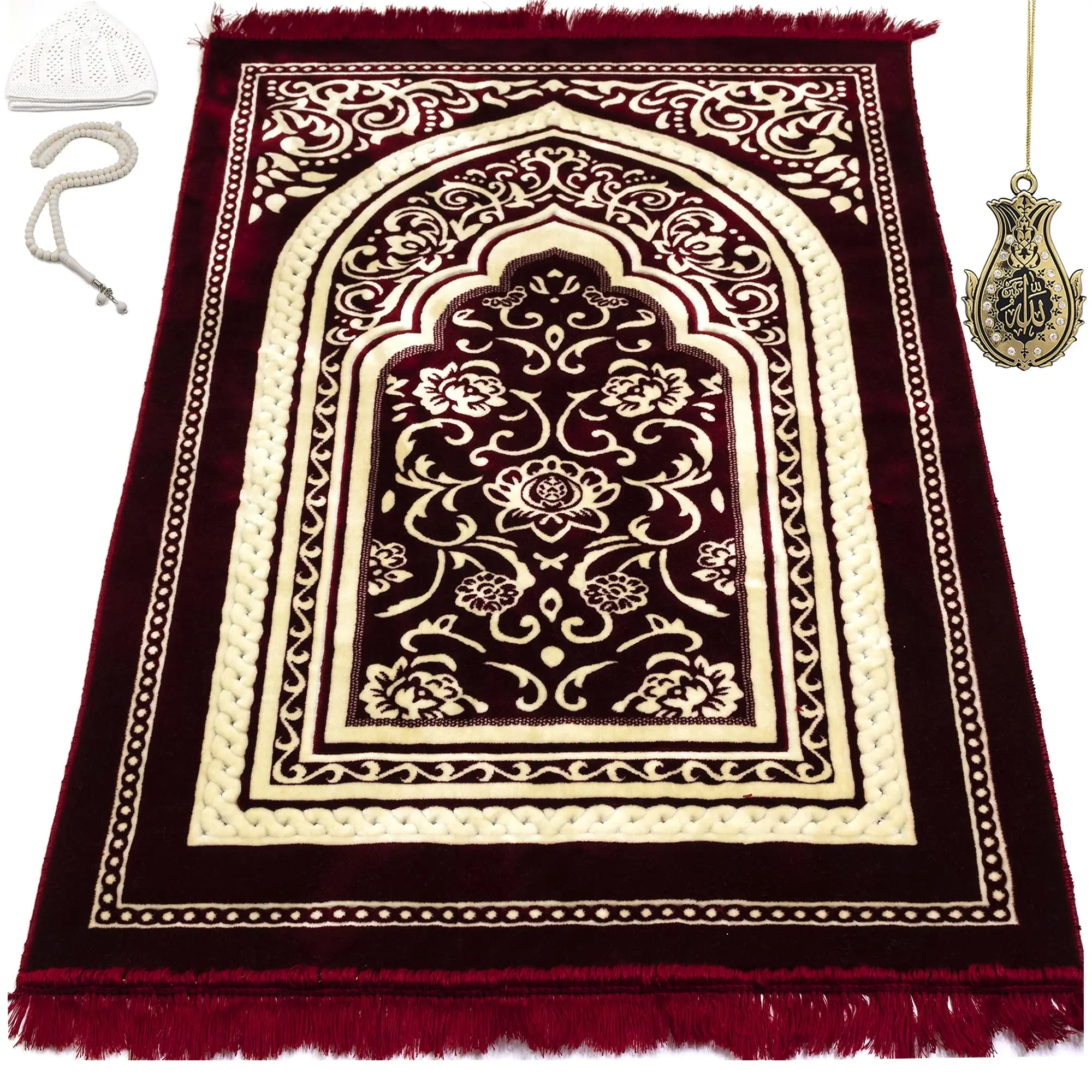 

Double Plush Velvet Islamic Prayer Rug With Kufi Cap Beads And Car Hanger Floral Burgundy