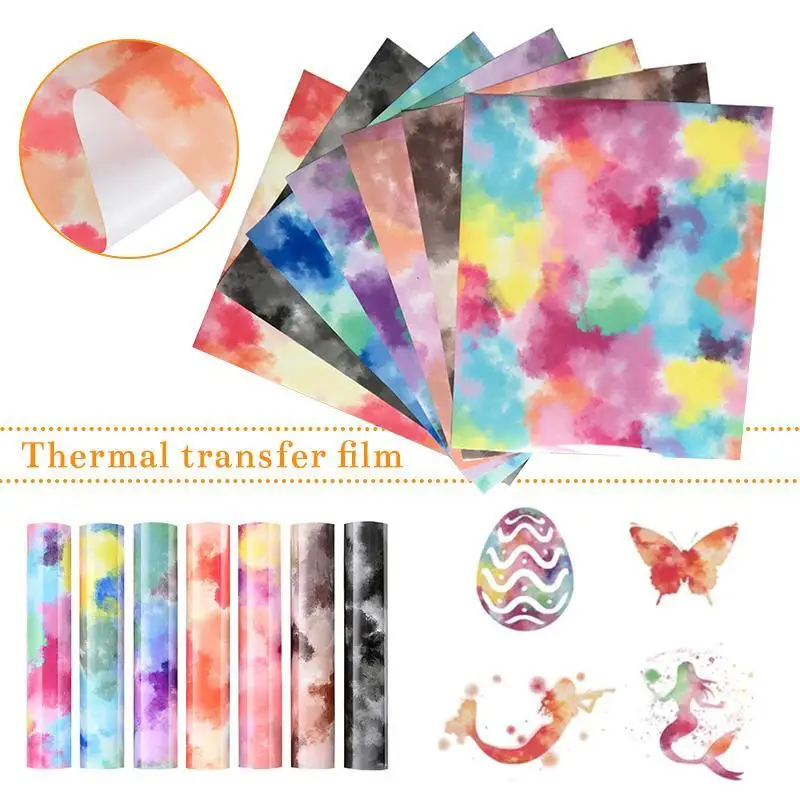 7Pcs/set 12X10 Inch Colorful Clouds Tie Dye Iron On Vinyl for T-Shirt, Fabric, Reflective Watercolor Htv Bundle Diy T-Shirt