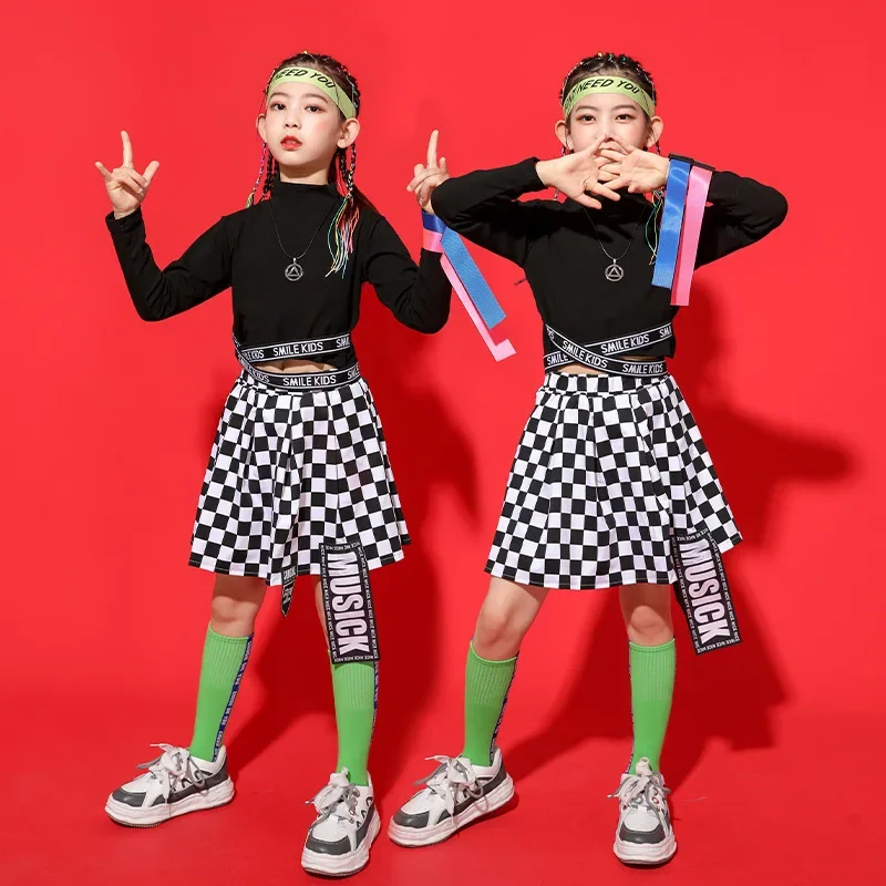 Traje de Dança da menina com Mock Neck, Top Colheita Cruzada, Camiseta de Manga Longa, Streetwear, Roupa de Saia Quadriculada, Kpop Hip Hop Vestuário Infantil