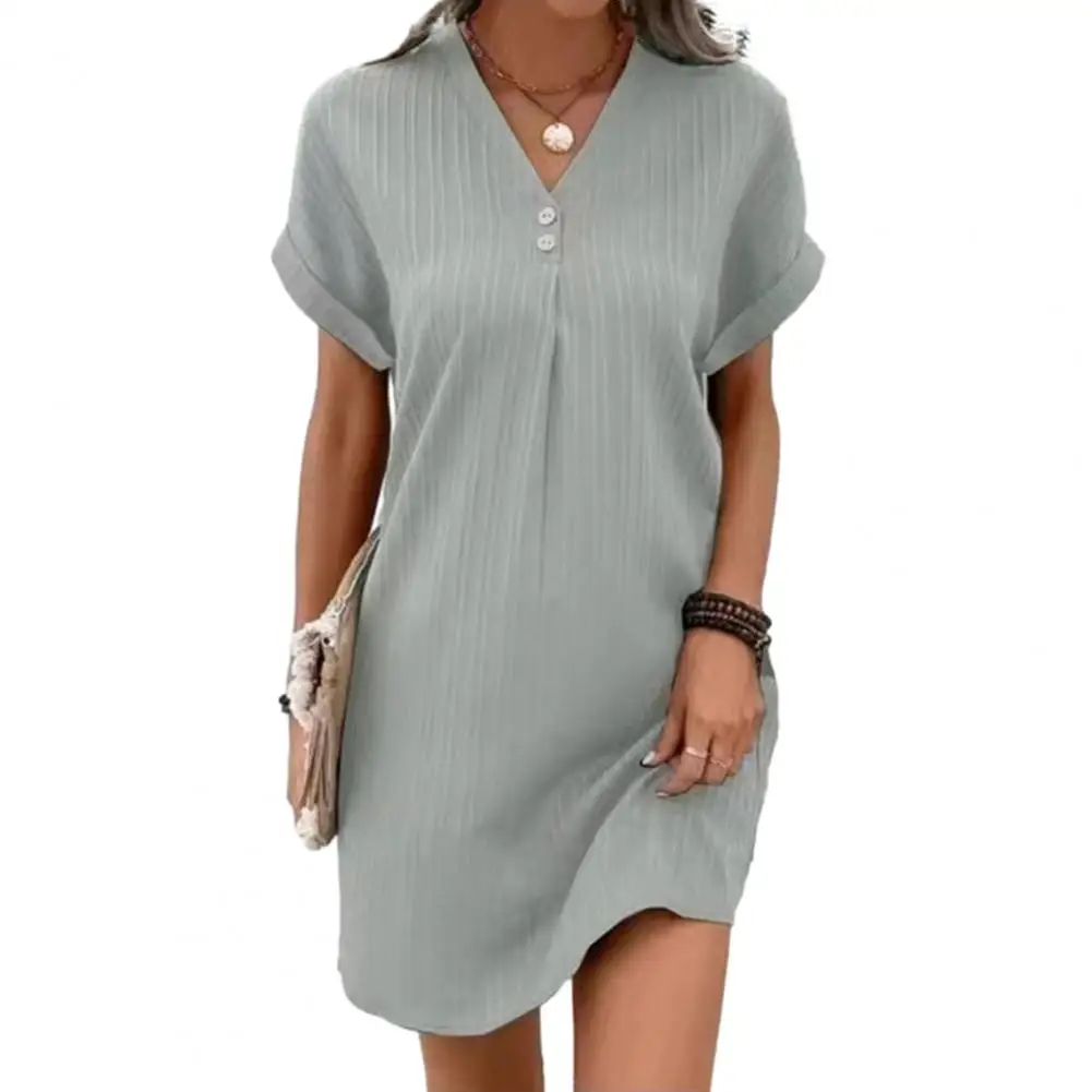 Abito camicia estiva da donna Abito casual con scollo a V a maniche corte T-shirt Abito da vacanza al mare Mini abito estivo a spostamento Ж Dienkusе пла Kamiе