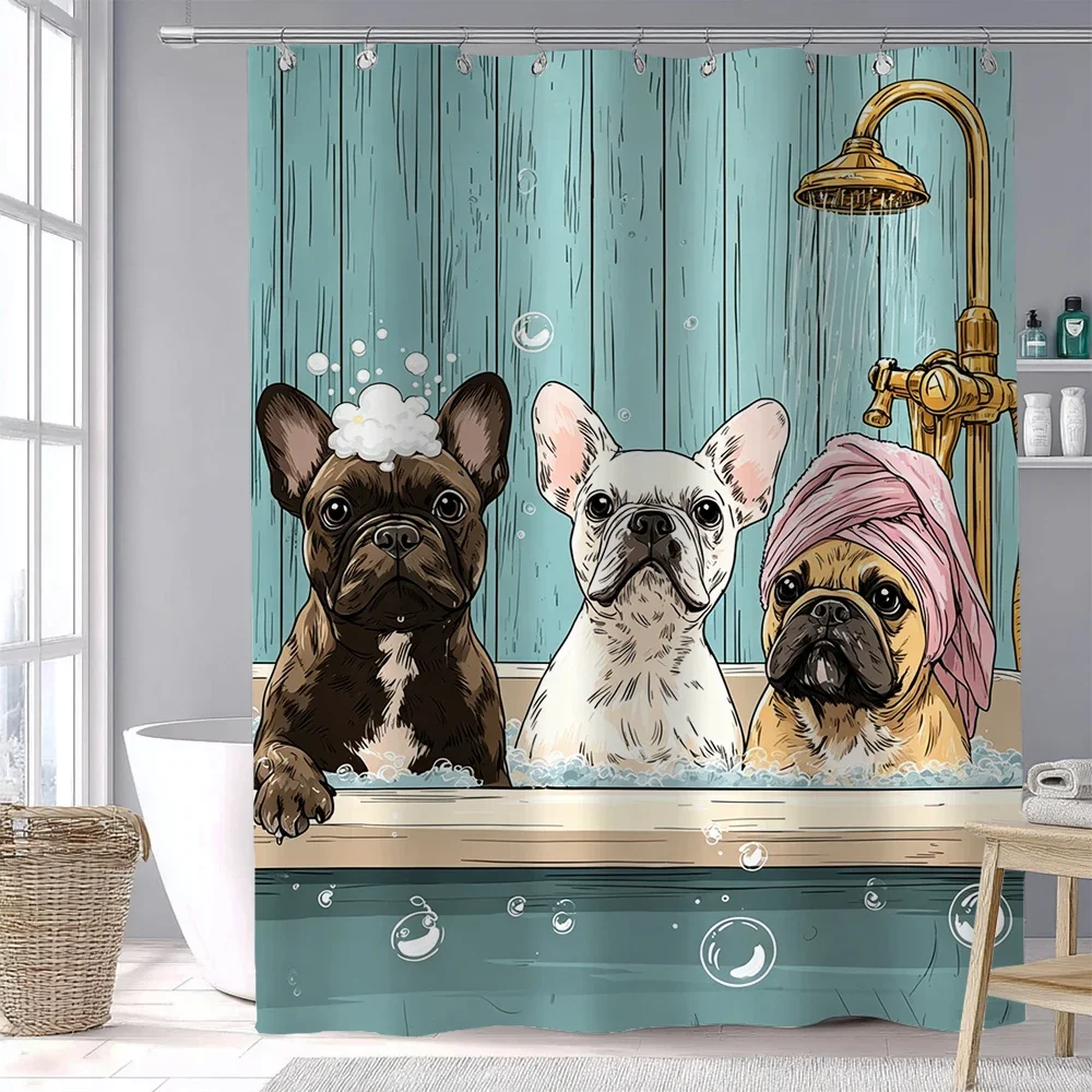 1pc Adorable Cats and Dogs Shower Curtain Polyester Fabric Watercolor - With Hooks Waterproof Mildew Proof Easy Install Washable
