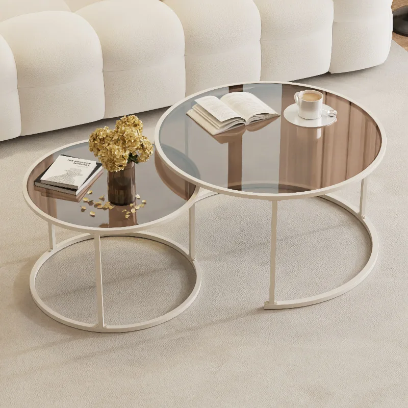Modern Frosted Glass Coffee Table Set Nordic Style Cream Color Tempered Top Paint Storage Side Table with Wheels Nesting Table