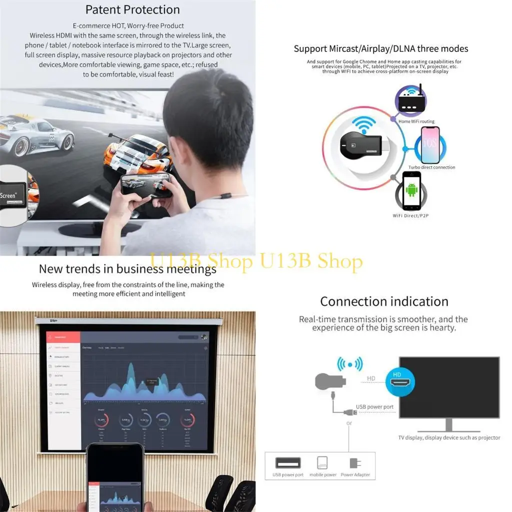 U13B Пропорциональная беспроводная адаптер дисплея Wi-Fi 1080p- Мобильный экрановый зеркальный сердечный ключ с встроенной Wi-Fi