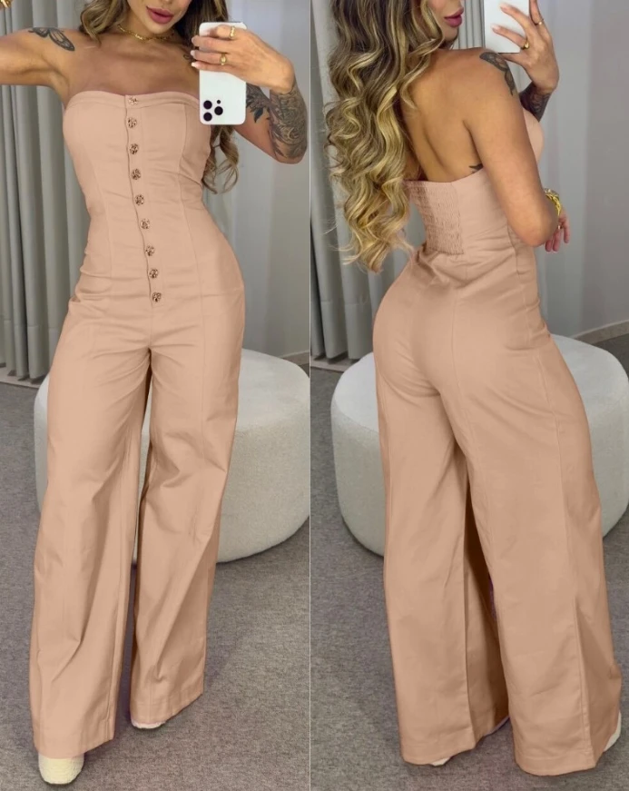 2025 Woman Long Jumpsuits Sexy Elegant Bandeau Button Design Waisted Jumpsuit Casual Wide Leg Rompers Fashion Casual One Pieces