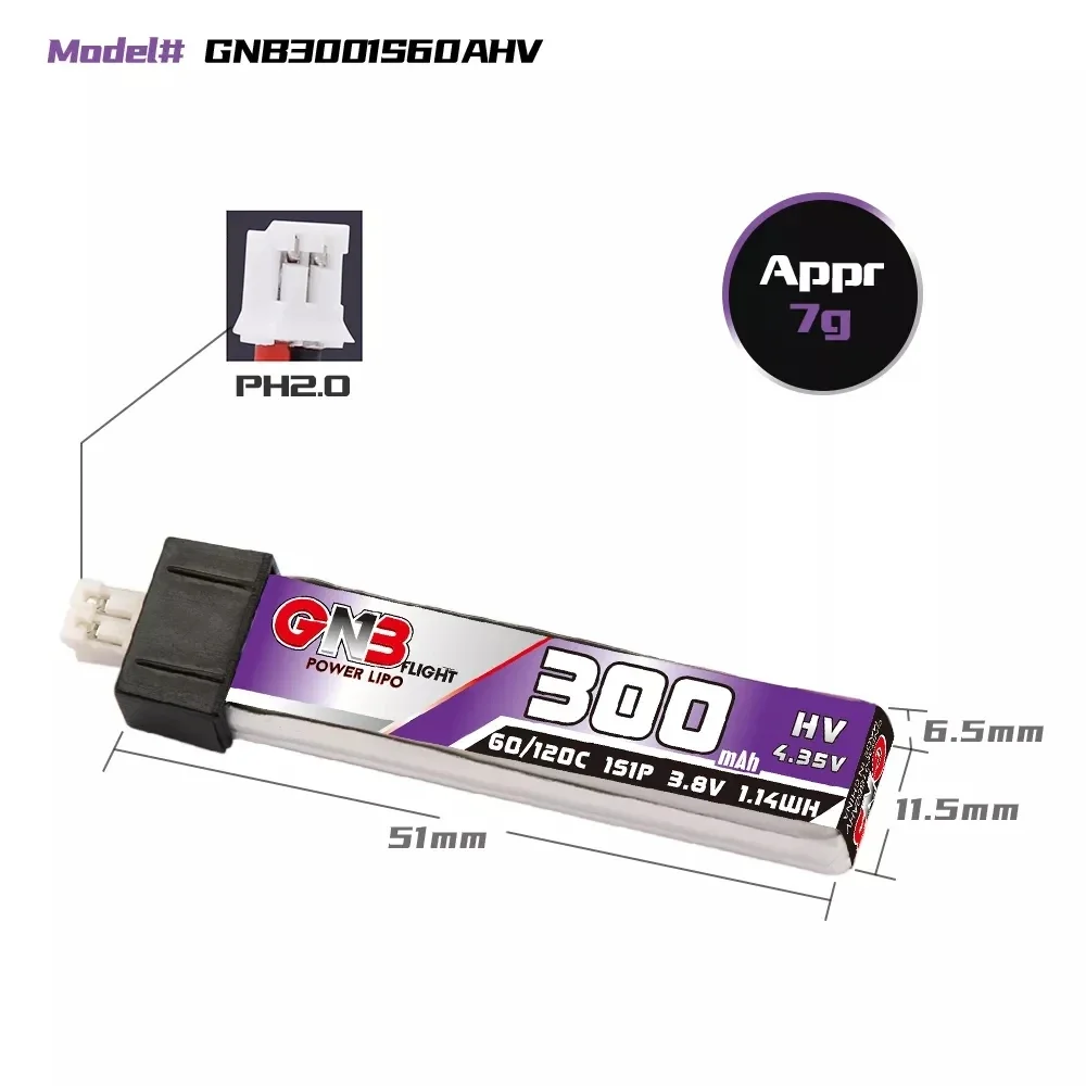 Gaoneng-Batterie Lipo avec connecteur pour importateur de course RC FPV, GNB, 300mAh, 1S, 3.8V, 60C, HV, PH2.0, Molex 1.25, GNB27, 5 pièces