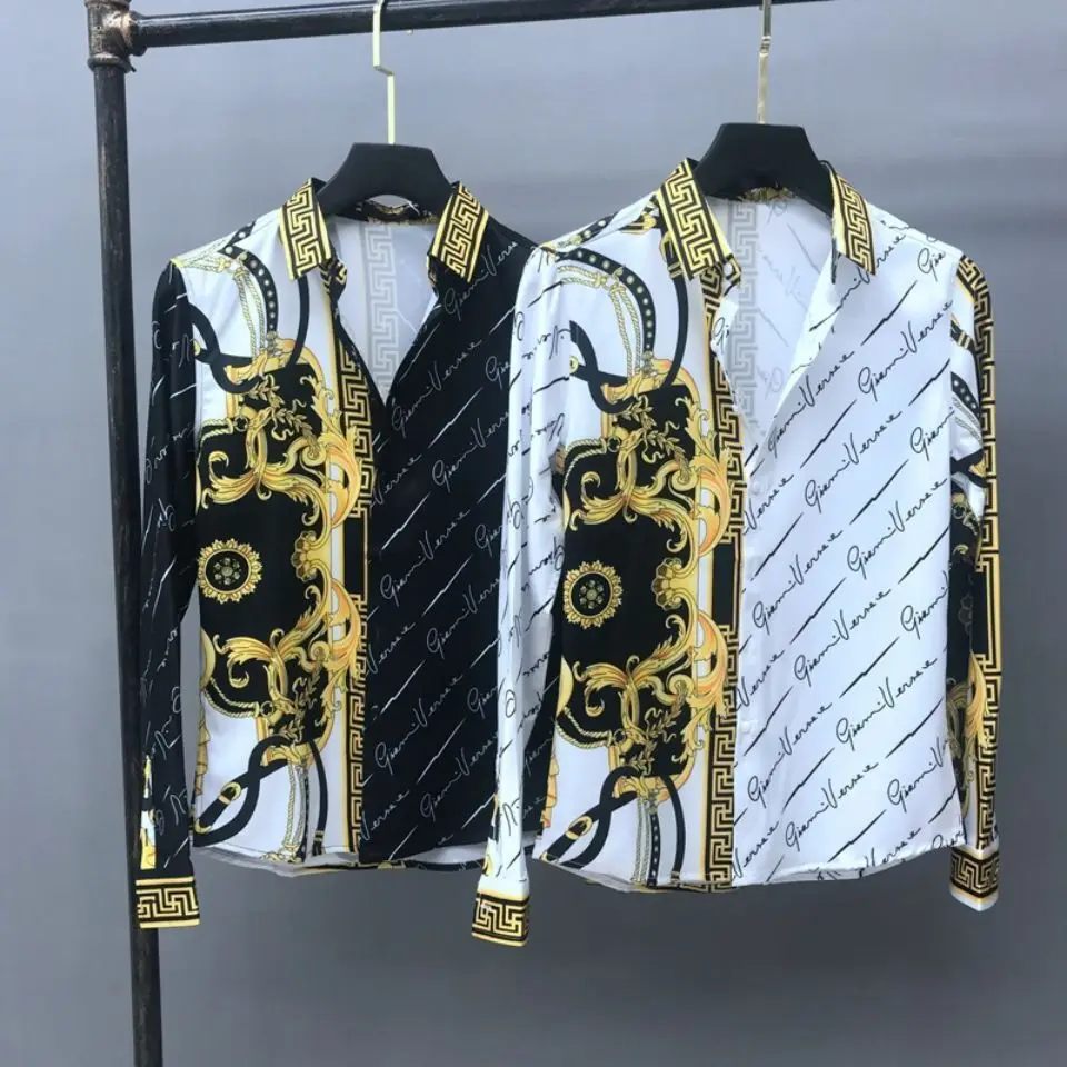 European Men's Spring And Autumn Long Sleeved Shirt, European And American Royal Court Style Retro Fashion Casual Print Lining