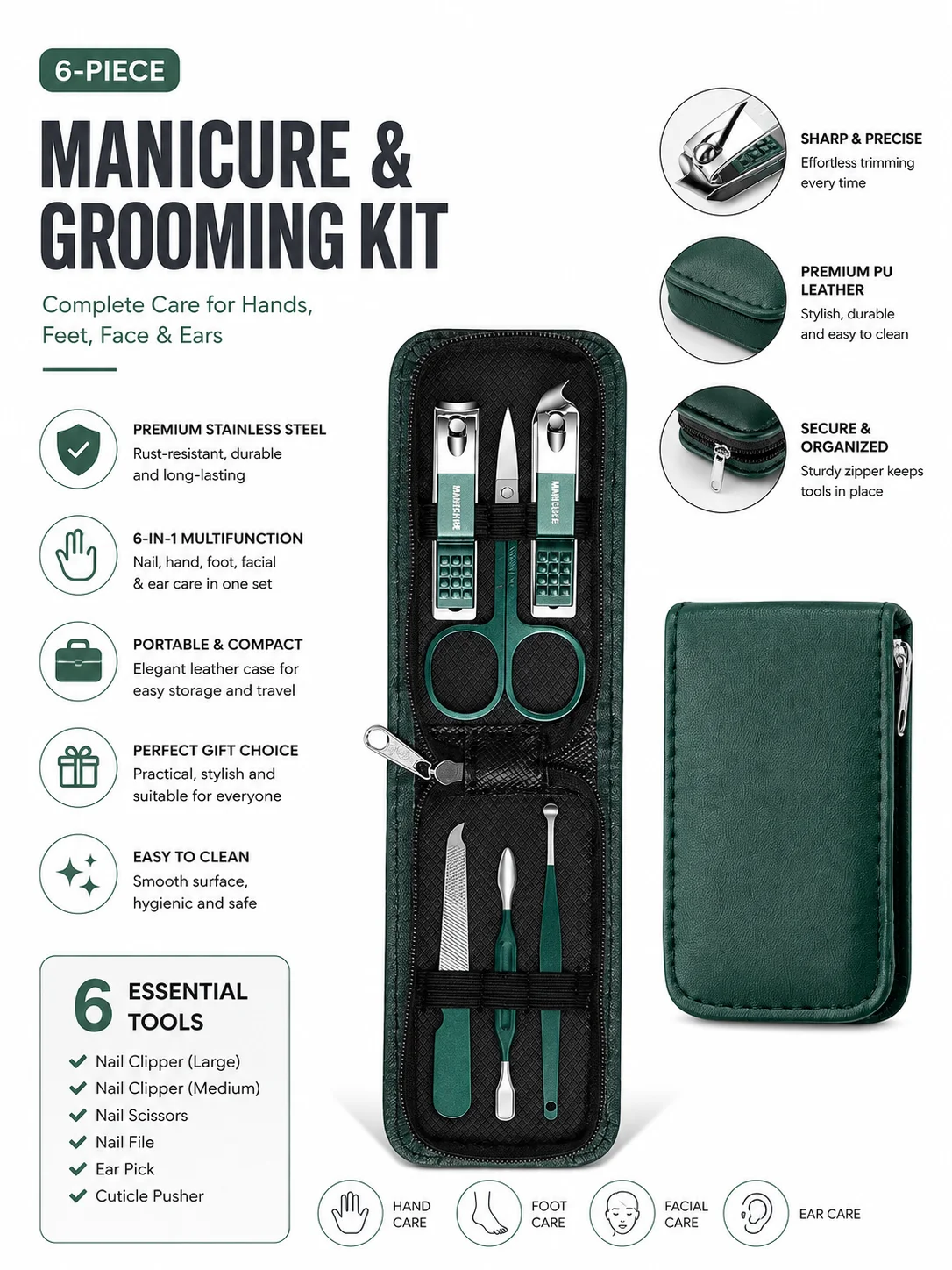 6Pcs Manicure Pedicure Set, Stainless Steel Nail Clipper Kit with Leather Case, Full Care for Hands Feet Face Ears