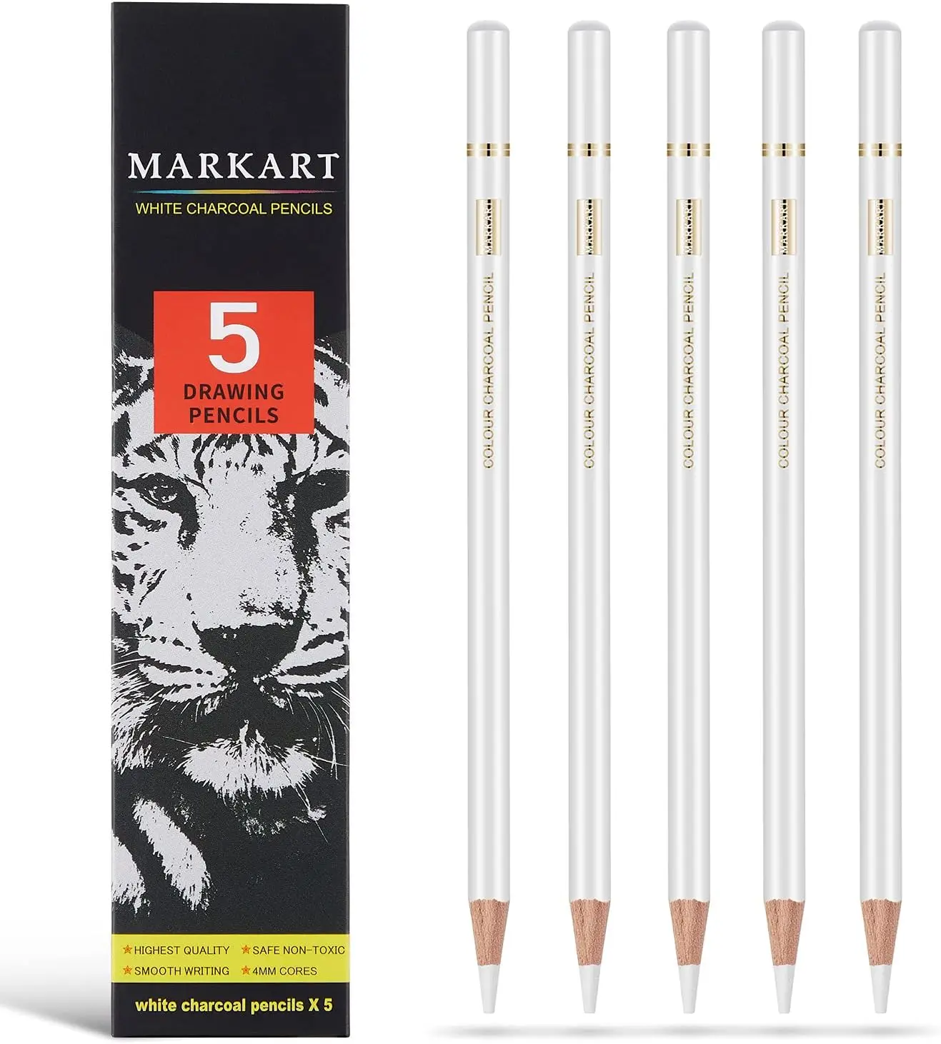 

White Charcoal Pencils Set for Drawing, Sketching, Shading, 5-Piece Highlight Pencils for Dark Paper
