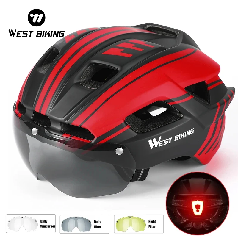 

WEST BIKING MTB Goggles Helmet Men Road Bike Ultralight Cycling Helmet With Lights Bicycle Scooter Women Helmet Replaceable Lens