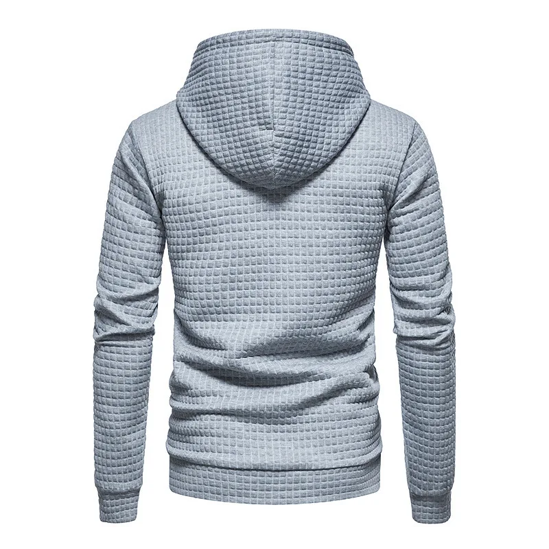 Felpa con cappuccio waffle a quadri piccoli alla moda da uomo, pullover con cappuccio oversize con colletto allacciato autunno inverno con tasca
