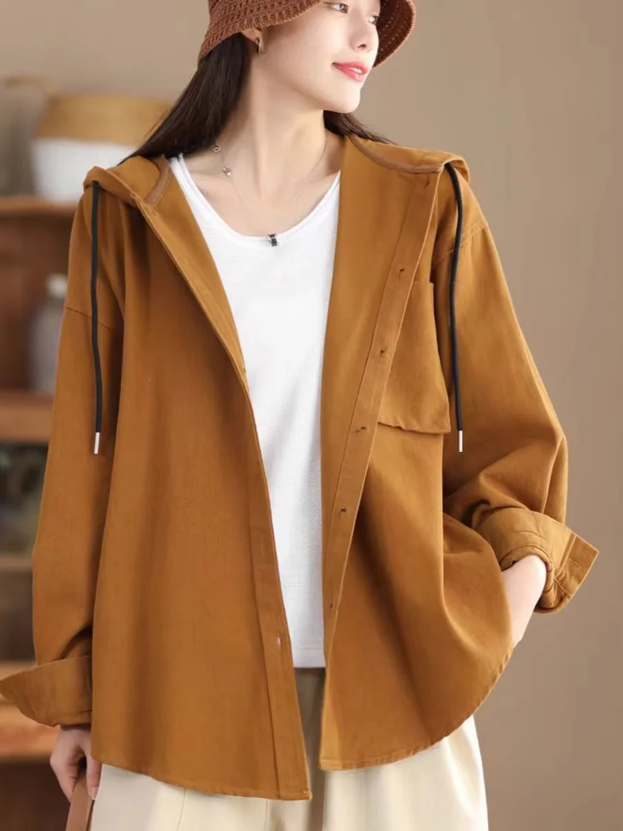 

Retro Sle Long Sve Hooded irt Women's Spring Autumn Casual Loose Fit Versatile Slimming Outerwear Top