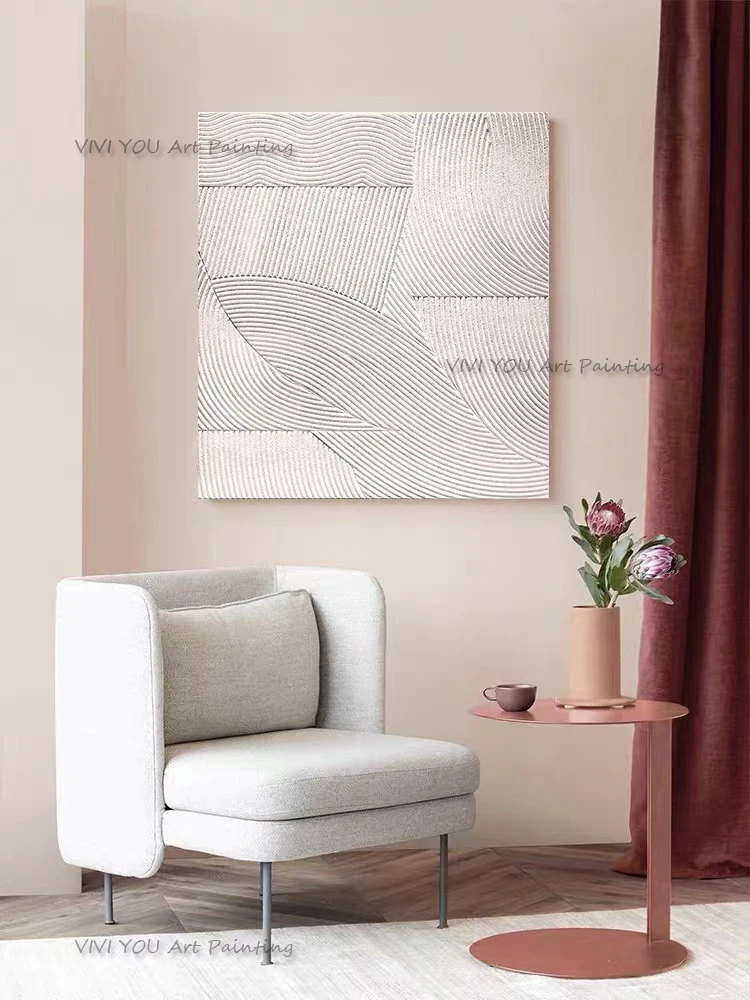 Square Hand-Painted Oil Painting, Heavy Texture White Relief Abstract, Modern Minimalist Curved Line Canvas Wall Art