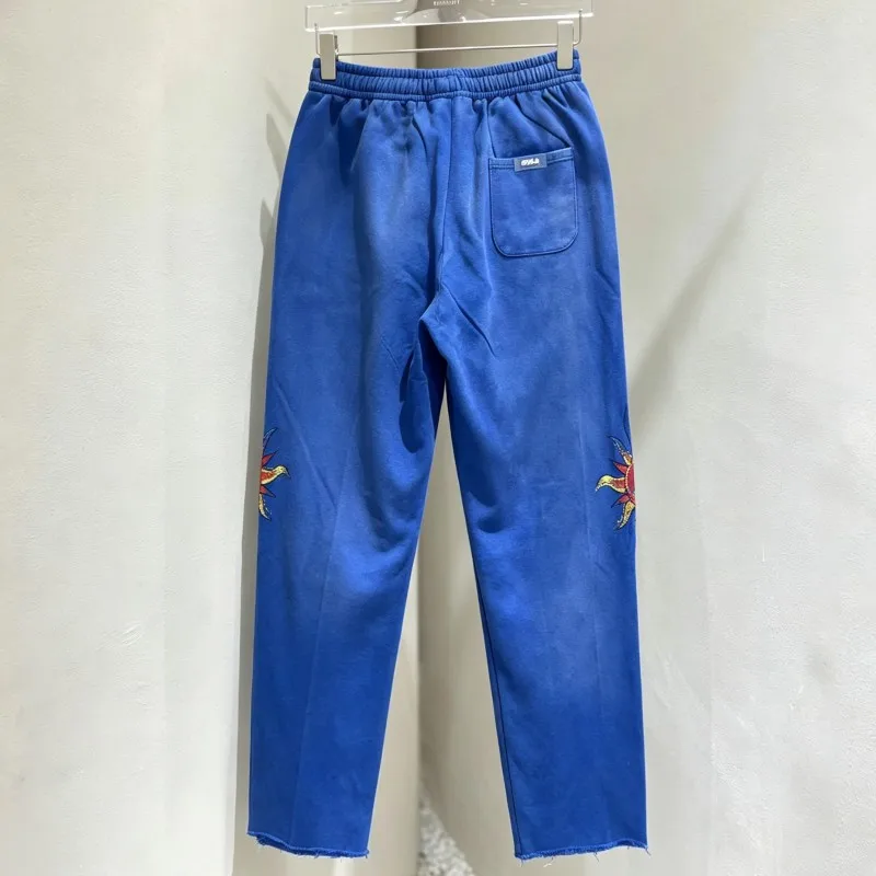 Hotfix Rhinestone Letter Flame Beast Tiger Pattern DUAA Sweatpants Vintage Distressed Washed Worn Blue Cutting Drawstring Pants