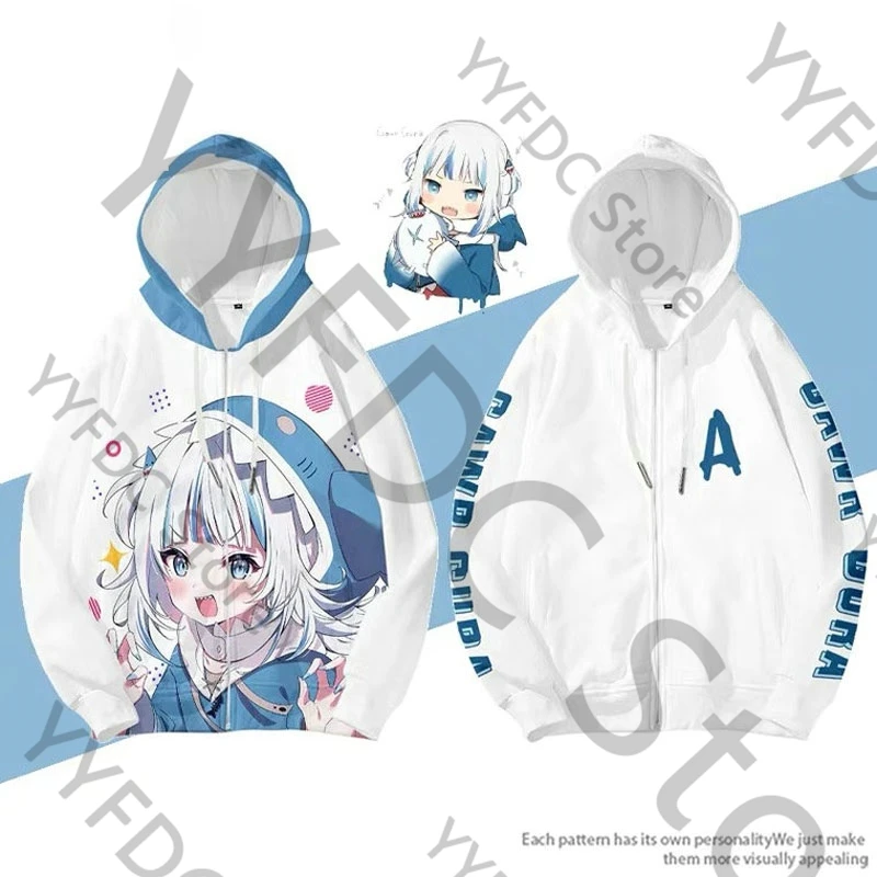 Vtuber Gawr Gura Zipper Hoodie Women Kawaii Cartoon 3D Cosplay Clothes Harajuku Streetwear Men Hoodies Casual Zip Up Sweatshirt