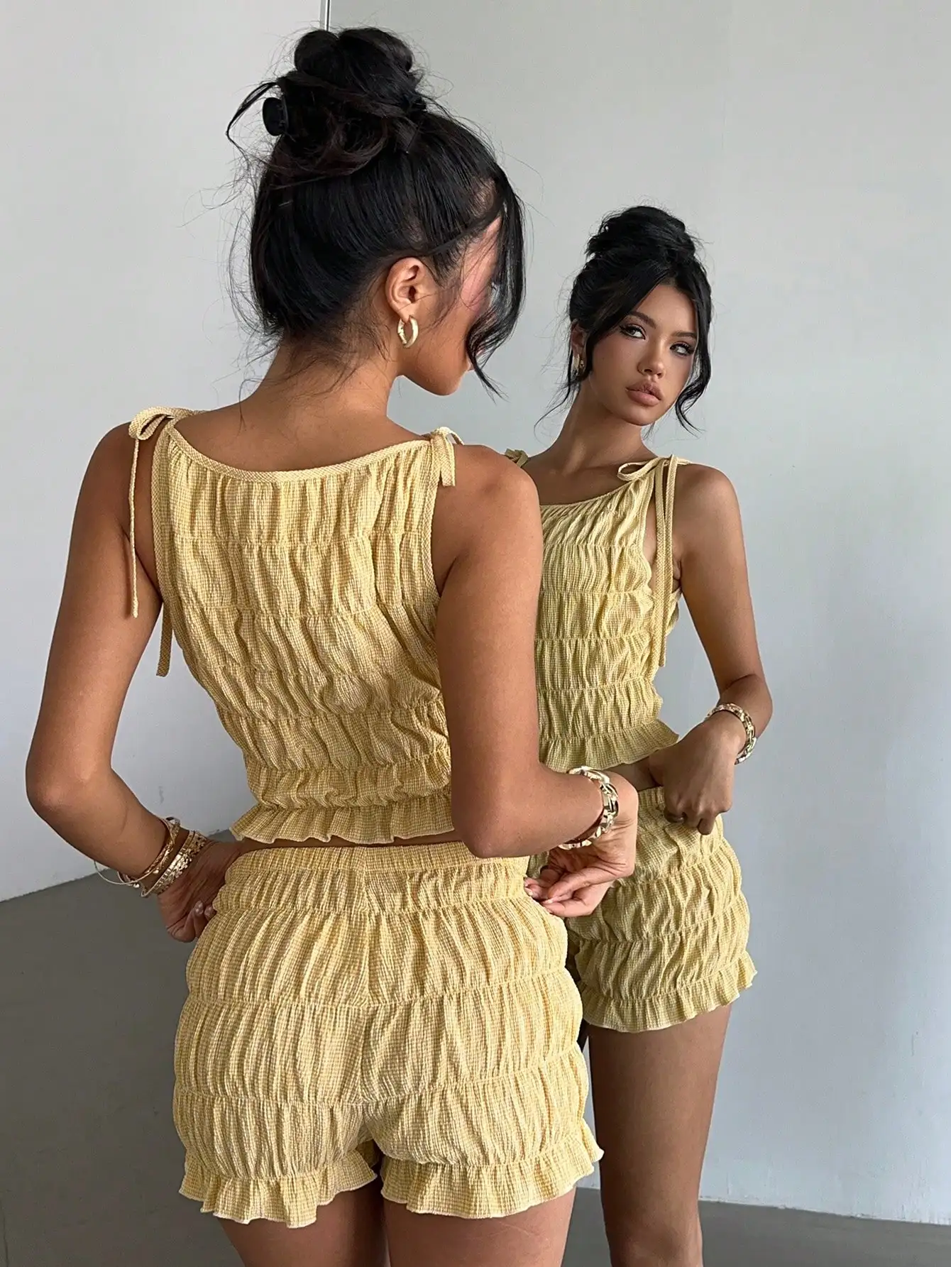 

Butter Yellow Smocked Two-Piece Set - Camisole Top & Shorts for Summer Casual Wear