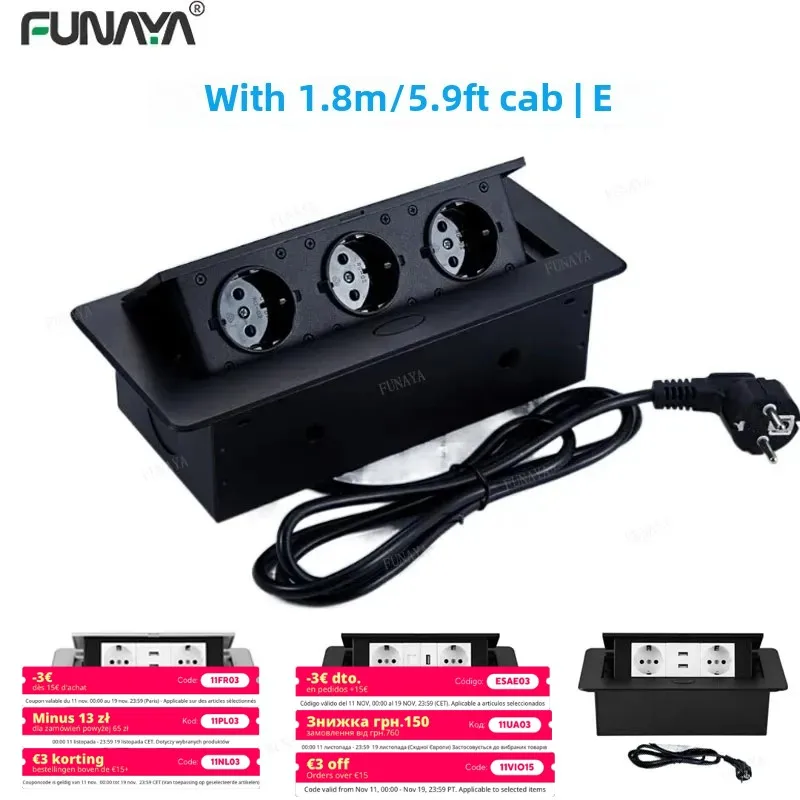 

3 Outlet Pop Up Table Sockets EU KR IL Hidden Horizontal Black 1.8M Cable with Plug Cabinet Furniture Kitchen Office Desk Socket
