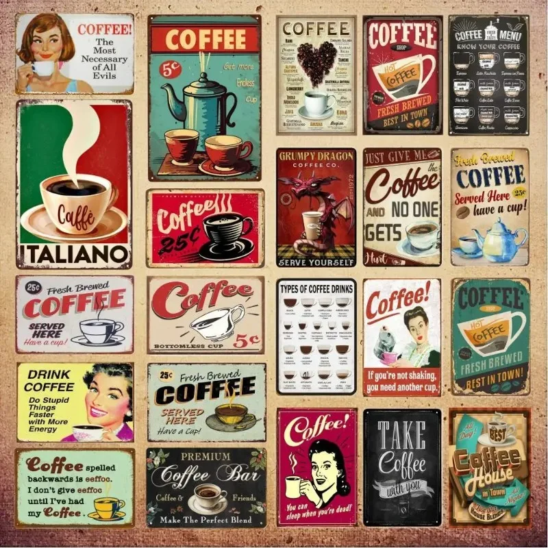 

Vintage Coffee Metal Tin Sign Plaque Plate Retro Wall Art Poster Cafe Bar Pub Kitchen Man Cave Club Iron Painting Decoration