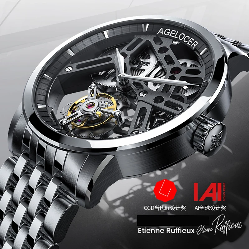 AGELOCER Men\'s Watch Top Brand Tourbillon Double-Sided Hollow Hand-Operated Mechanical Stainless Steel Analog Luxury Dress