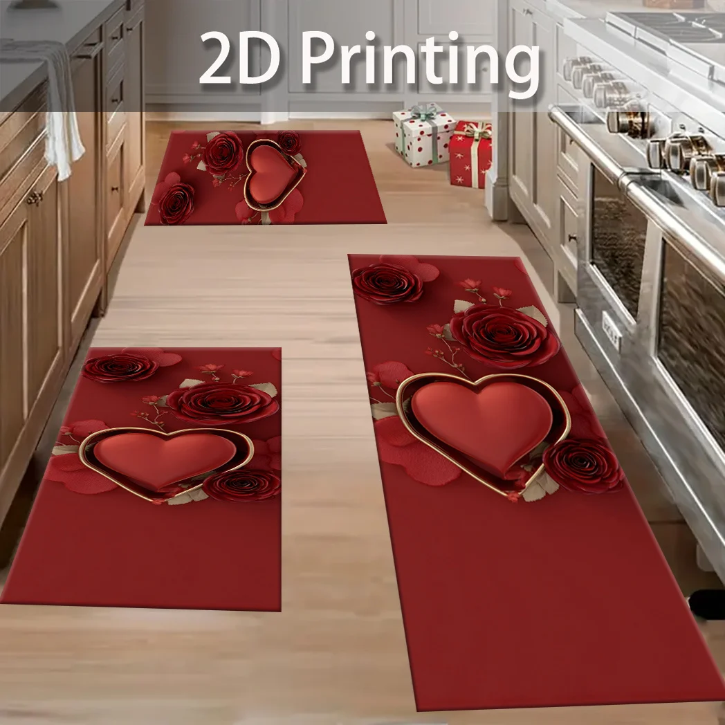 VIKAMA Roter Premium-Teppich, Liebesherz, Valentinstag-Fußmatte, Willkommensmatte, Küchenteppich, Teppich für Wohnzimmer, Teppich für Schlafzimmer, Zuhause, D