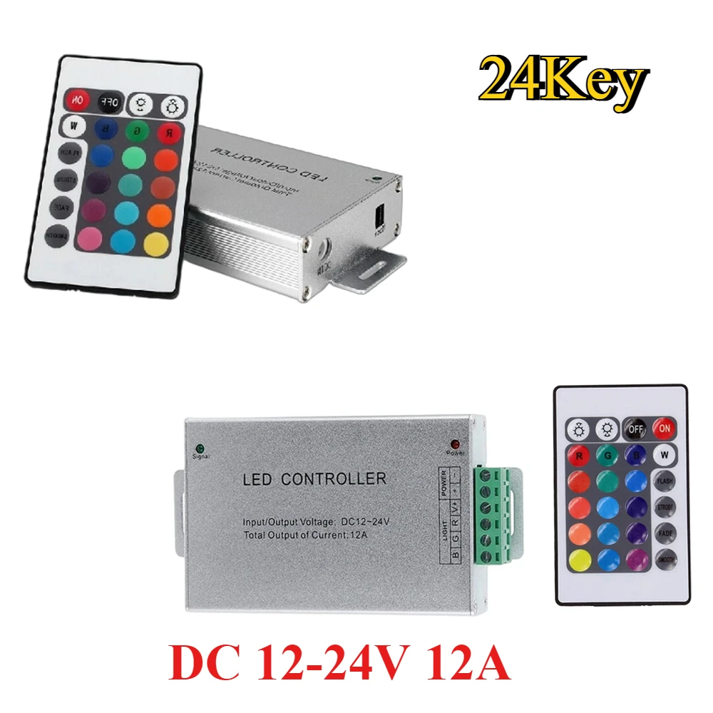 

Контроллер RGB DC 12 В 12 А 24-клавишный контроллер светодиодной ленты Алюминиевый корпус ИК-беспроводной дистанционный диммер для 5050 цветных светодиодных лент