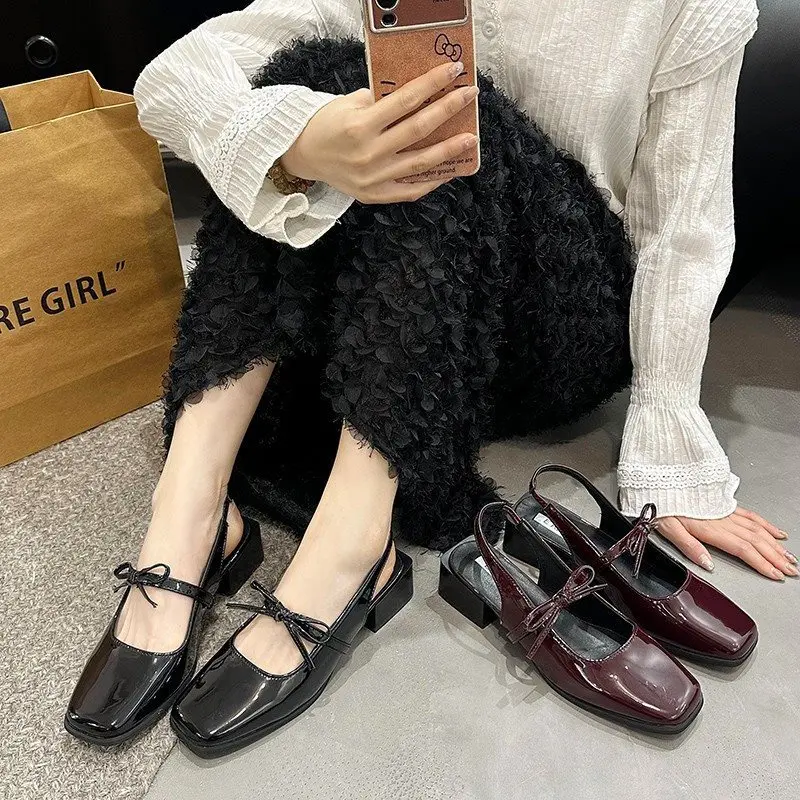 

Women's Summer New Sandals Elegant Bowknot Square Toe Chunky Heel Shoes Retro Exquisite Solid Color Ladies High Heels