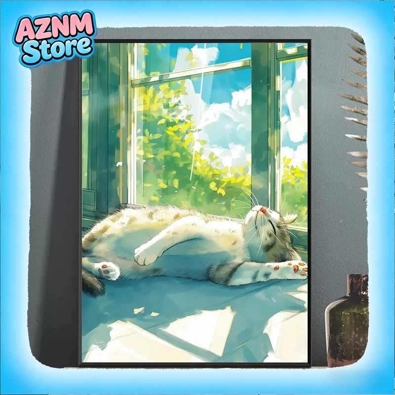 1pc frameless canvas Lazy Cat Cartoon Poster and Print  Cat Sleeping on Windowsill Wall Art Picture for Living Room Home atio
