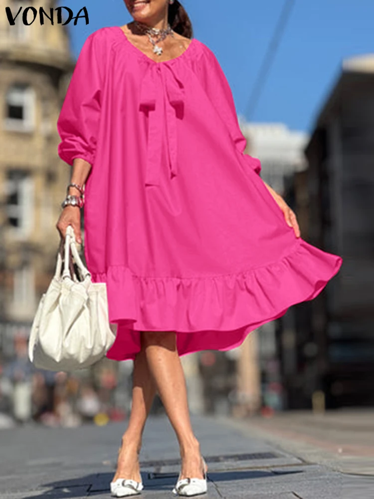 

Plus Size VONDA Women Party Dress Summer 2025 Fashion Lace-up Bow Sundress Solid Casual O-Neck Robe 3/4 Sleeve Ruffled Vestidos