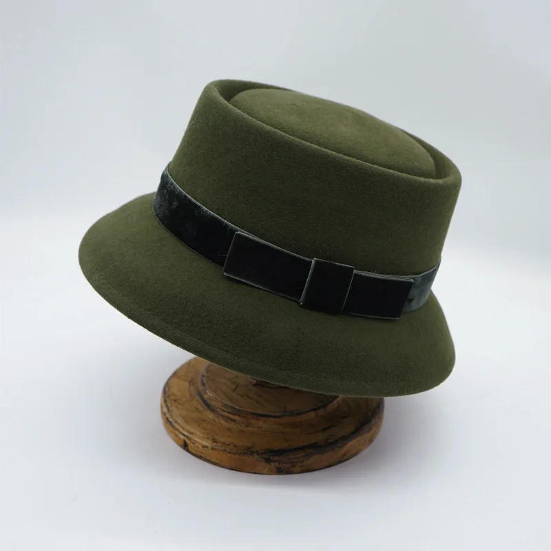 retro-military-green-blue-bell-shaped-wool-felt-fisherman's-cap-women's-autumn-winter-british-style-chinese-style-flat-top