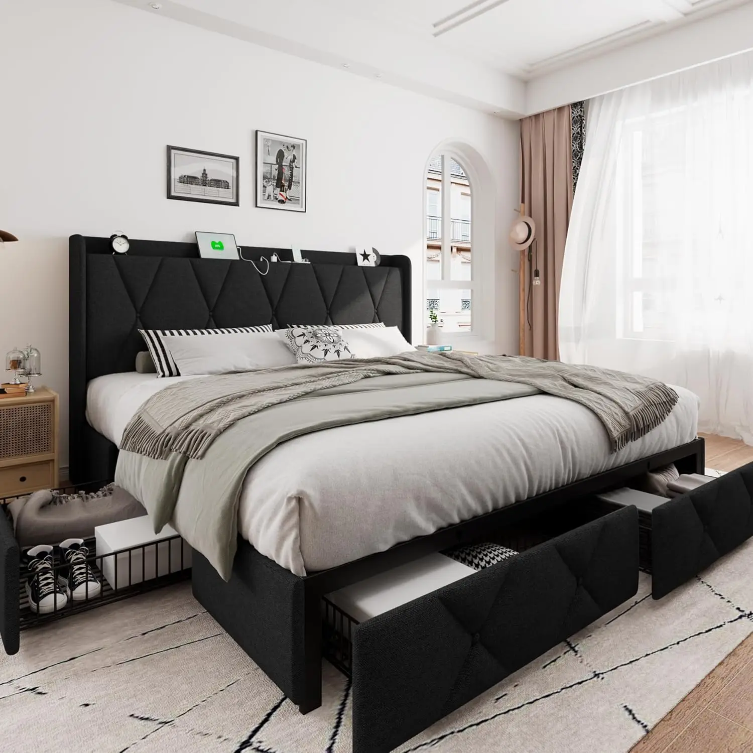 te-King Size Bed Frame with 4 Storage Drawers, Upholstered Platform Frame with Charging Station, Modern Wingback, Customized-