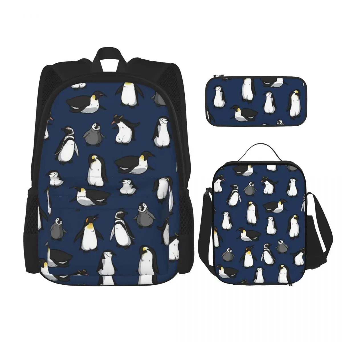 

Cute Penguin Pattern (Dark Blue Variant) Backpacks Bookbag Students School Bags Rucksack Lunch Bag Pen Bag Three-Piece Set