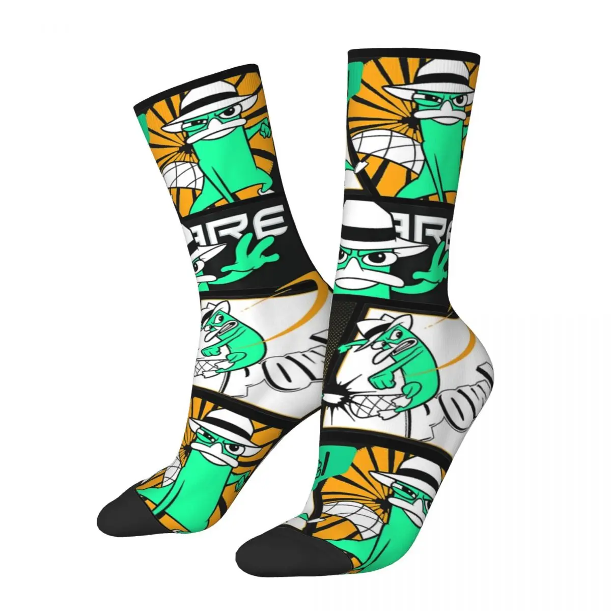 Harajuku Retro Perry The Platypus Basketball Socks Cartoon Polyester Crew Socks for Unisex Sweat Absorbing