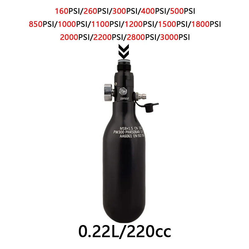 

HPA Scuba Diving 0.22L Air Tank 300BAR/4500PSI M18*1.5 Output 160PSI To 3000PSI Pressure Regulator For Soda Water CO2 Aquarium