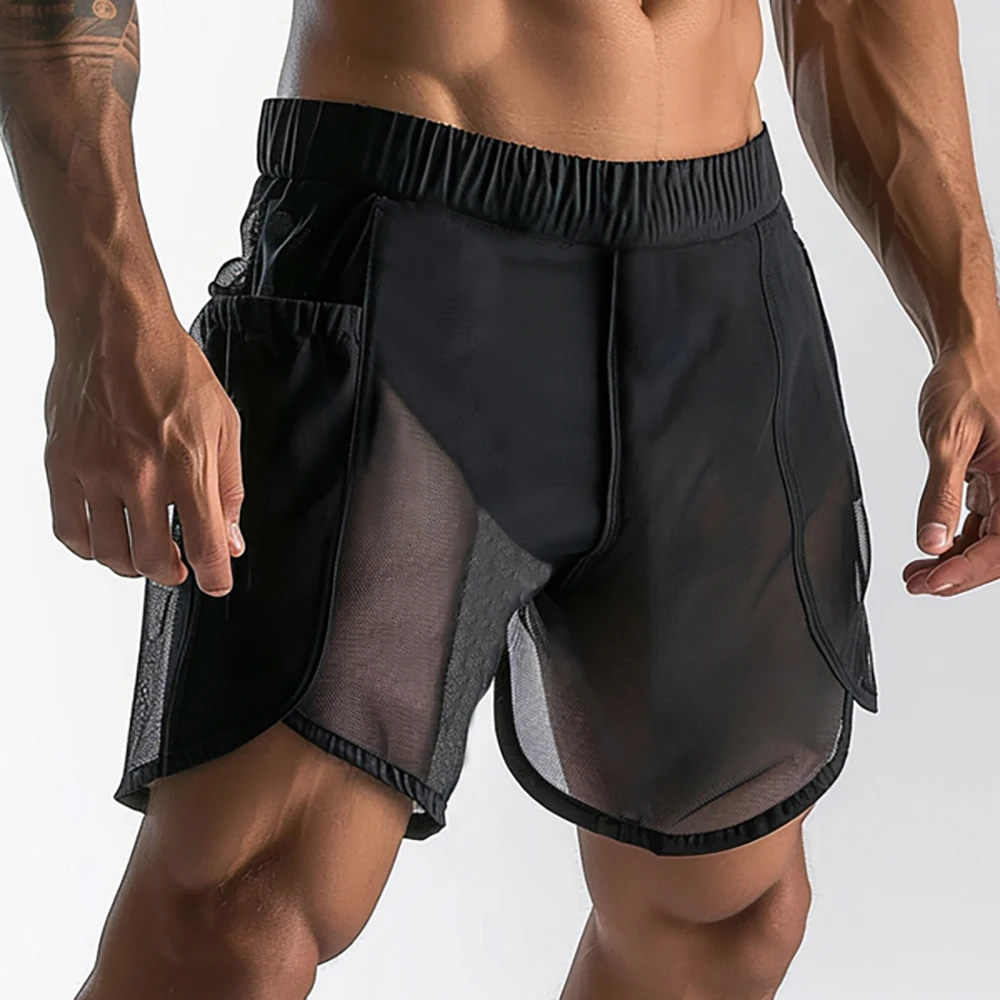 Men\'s Gym Shorts Sexy See-Through Mesh  Home Wear Shorts For Men With Lining Lounges Male Knee Length Pants Fashion Sweatpants