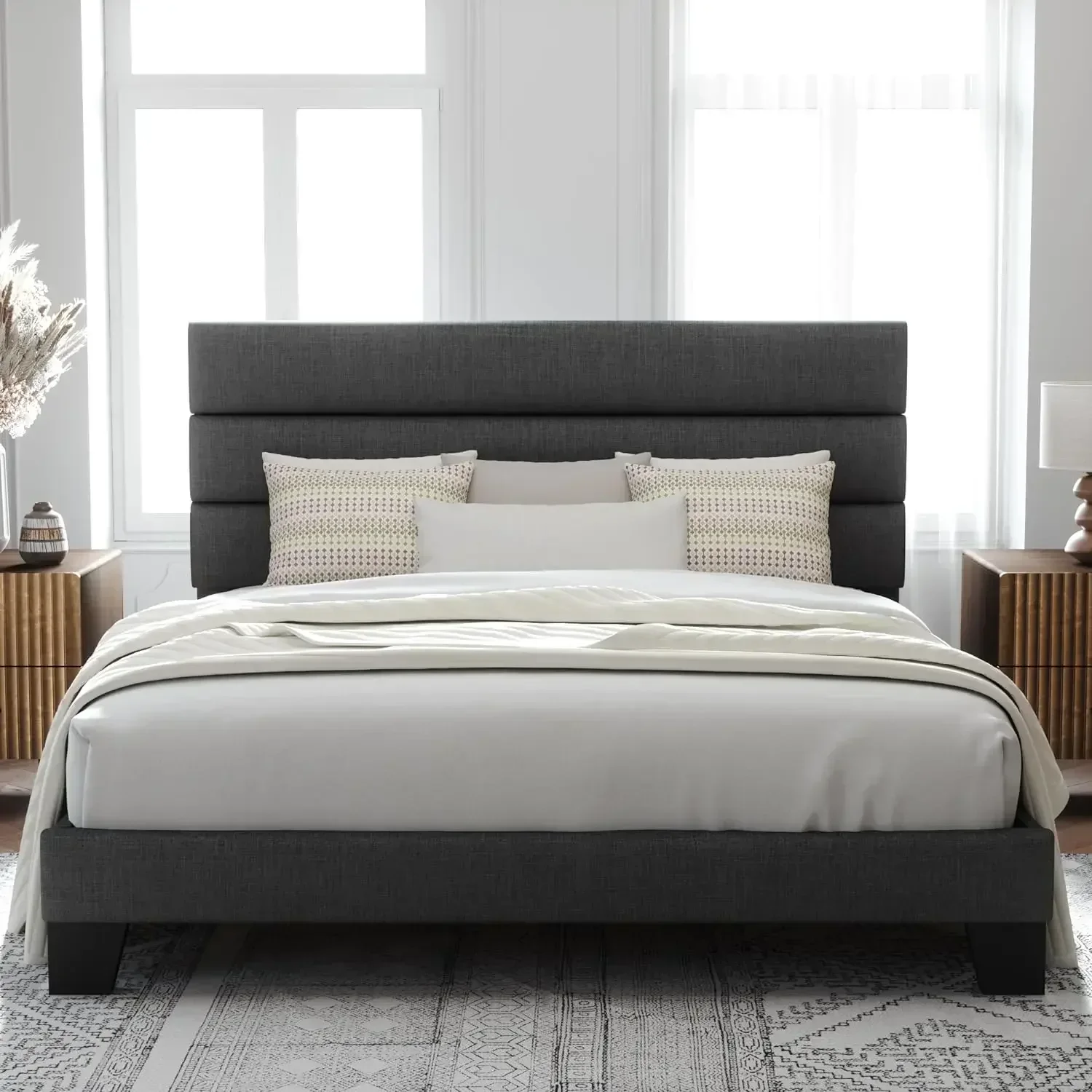 Allewie King Bed Frame Platform Bed with Fabric Upholstered Headboard and Wooden Slats Support, Fully Upholstered Mattress Found