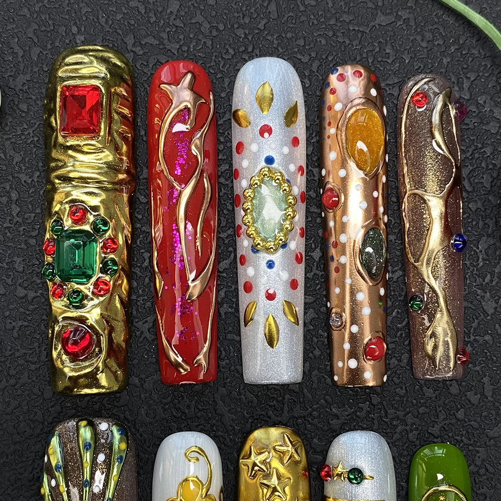 

Набор из 10 шт. гелевых акриловых накладных ногтей ручной работы, 55 мм, очень длинные, эксклюзивный дизайн, искусственные ногти для декорации