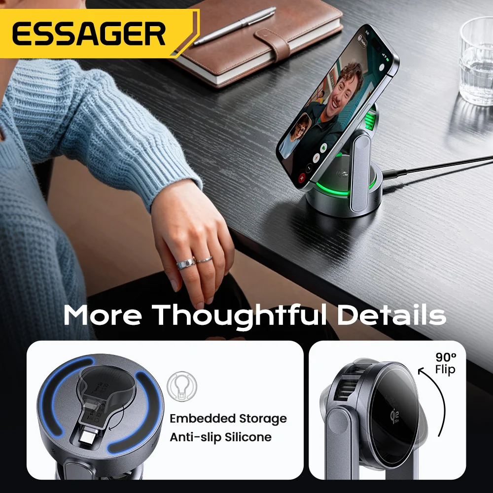 Ładowarka bezprzewodowa magnetyczna Essager Qi2.2 25W 3 w 1, szybka stacja ładująca do iPhone 17, 16 Pro Max, Samsung S25, zegarka, słuchawek dousznych AirPods — zdjęcie produktu 6