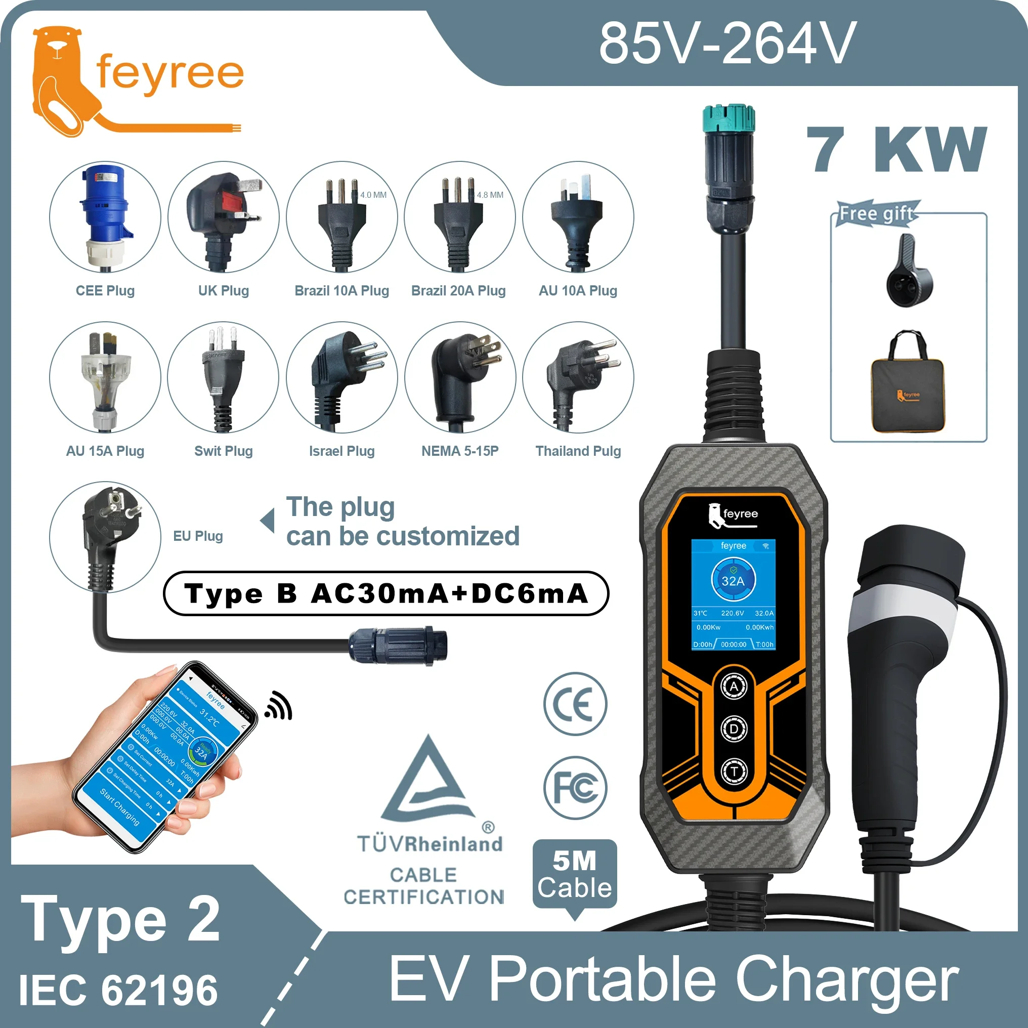 Feyree Type2 Cavo 7KW 32A Caricatore EV portatile APP WIFI Controllo corrente Set regolabile Tempo di ritardo EVSE per caricatore per auto elettrica