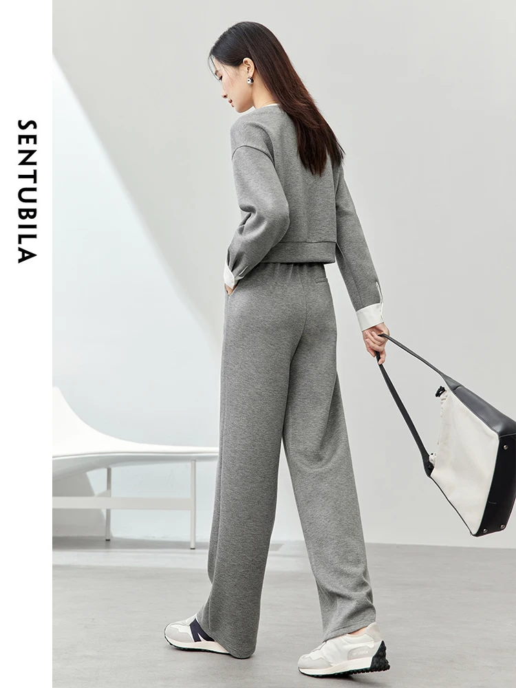 SENTUBILA Contrast Spliced Casual Tracksuits Cropped Sweatshirts Wide Leg Pant 2 Piece 2024 Spring Sports Matching Set 141Z53459