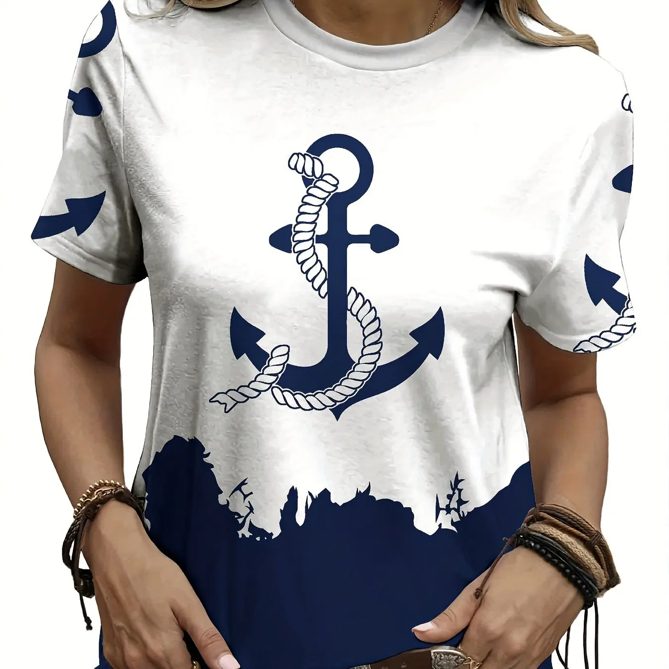 New summer fashion women\'s t-shirt 3D anchor print color matching casual fashion round neck short sleeve summer women\'s t-shirt