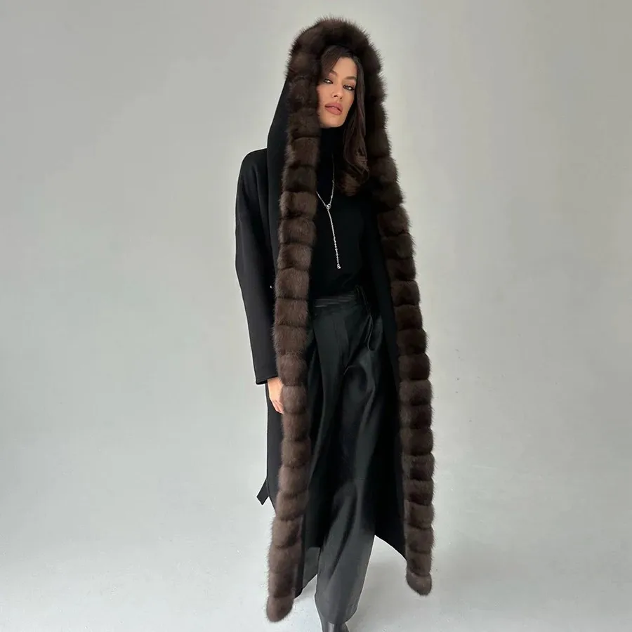 

New Cashmere Coat Women Wool Real Fox Collar Coat Fashion Long Wool Blends Coats With Hood High Quality Warm