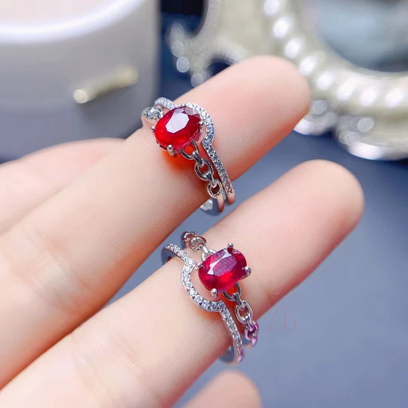 Explosive natural Myanmar ruby ring main stone 5*7mm 925 sterling silver sewn inlaid women's high-end luxury jewelry