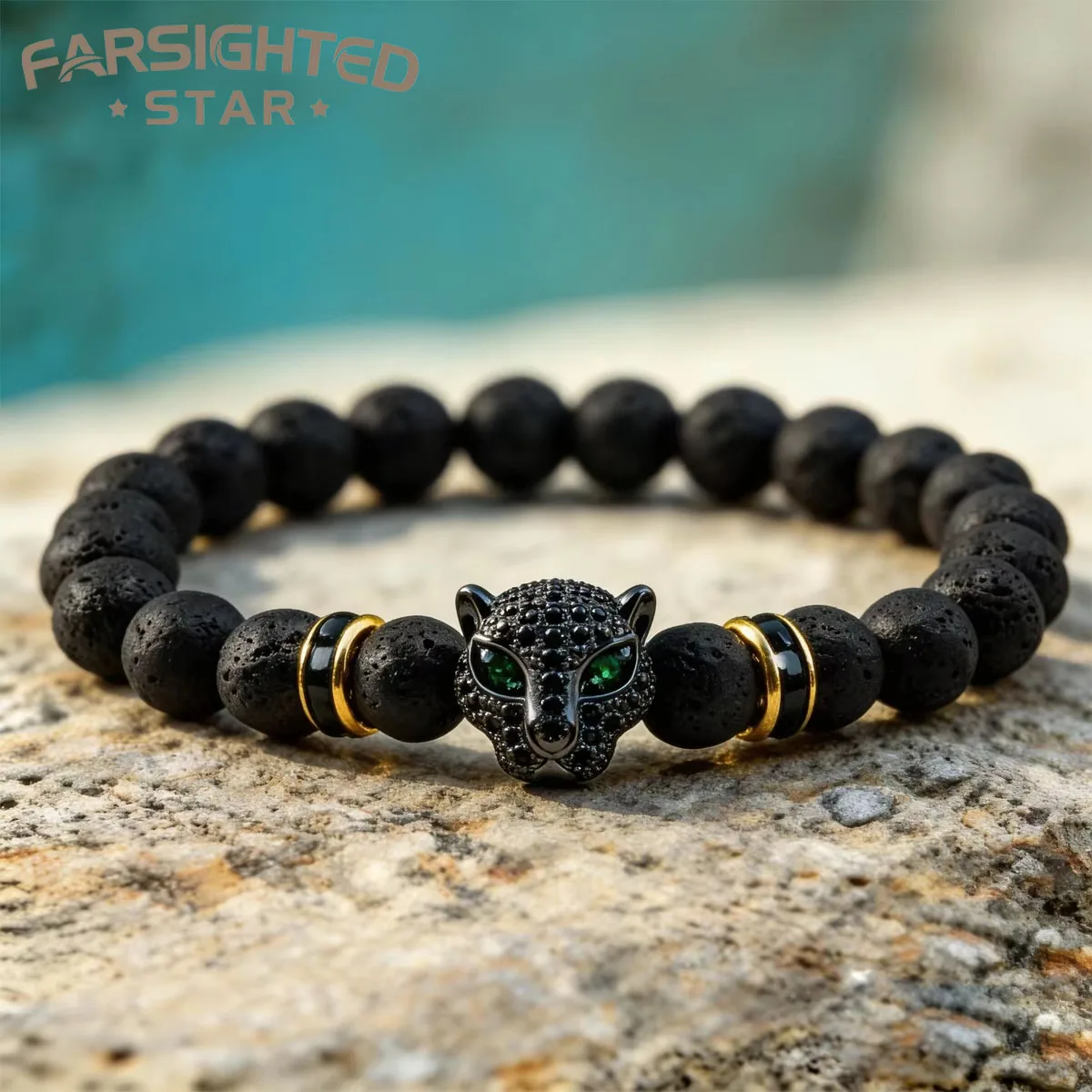Bracelet pour Hommes Farsighted Star en Pierre de Lave Noire, Perles de Guérison et d'Équilibre, Énergie Spirituelle, Bouddha, Pierre Naturelle, Yoga, Tête de Léopard